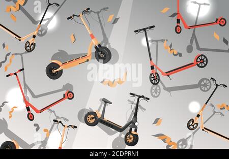 Helles Vektor flaches Banner mit roten und gelben Elektro-Scooter. Umweltfreundlicher moderner Stadtverkehr. Persönliche städtischen Transport Gadget, aktiven Lebensstil mit Roller Poster-Design. Stock Vektor