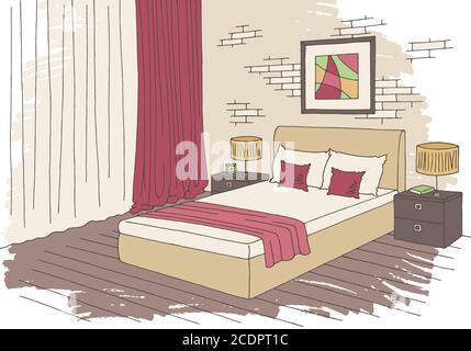 Schlafzimmer Grafik Farbe Interieur Skizze Illustration Vektor Stock Vektor