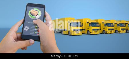 3D-Rendering einer Smartphone logistic App zur Steuerung des LKW-Transports Stockfoto