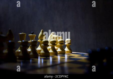 Schwarz-weiße Schachfiguren auf einem Schachbrett, sich gegenüberliegende Bauern auf einem Schachbrett, mit Fokus auf die weiße Nahaufnahme Stockfoto