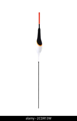 Lange Spindel in Form einer weißen Spindel mit einer roten Antenne zum Angeln mit Angelrute, Angelzubehör weißer Hintergrund Nahaufnahme Stockfoto