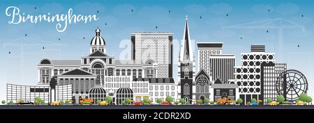 Birmingham UK City Skyline mit farbigen Gebäuden und blauem Himmel. Vektorgrafik. Stadtbild von Birmingham mit Wahrzeichen. Geschäftsreisen und Tourismus. Stock Vektor