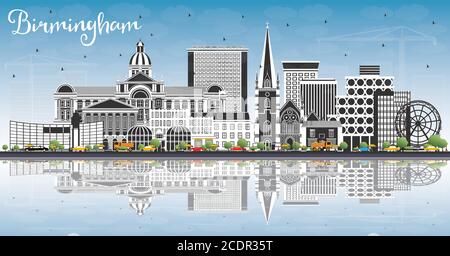 Birmingham UK City Skyline mit farbigen Gebäuden, blauem Himmel und Reflexionen. Vektorgrafik. Stadtbild von Birmingham mit Wahrzeichen. Stock Vektor