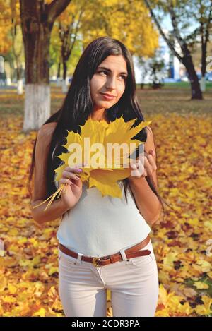 Schönes Mädchen im Herbstpark hält ein Ahornblatt in der Hand, lächelt auf ihrem Gesicht, in weißen Jeans und einer Bluse, vor einem Hintergrund von Bäumen und Ye Stockfoto