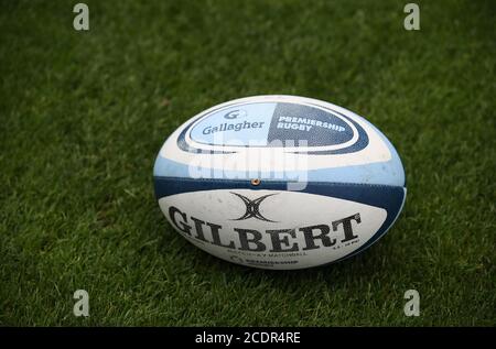 Eine allgemeine Ansicht eines Gilbert-Matchballs während des Spiels der Gallagher Premiership im AJ Bell Stadium, Sale. Stockfoto