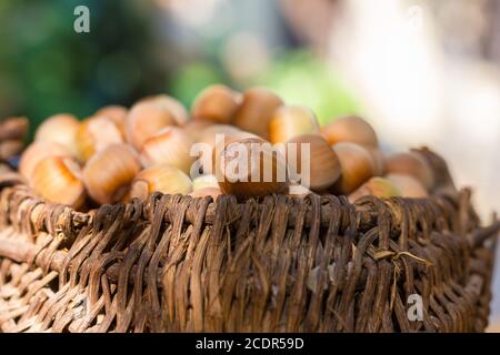 Ein Korb mit gerösteten Haselnüssen einladen Stockfoto