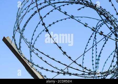 Stacheldraht am Zaun. Schutzzaun speziell geschütztes Objekt von Stacheldraht. Gestanzter Stacheldraht Stockfoto