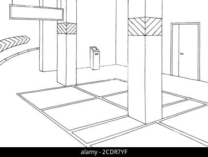 Tiefgarage Grafik schwarz weiß Innenraum Skizze Illustration Vektor Stock Vektor