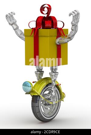 Gelbe selbstfahrende Geschenkbox in Form eines Roboters auf einer weißen Oberfläche mit erhobenen Armen. 3D-Illustration Stockfoto