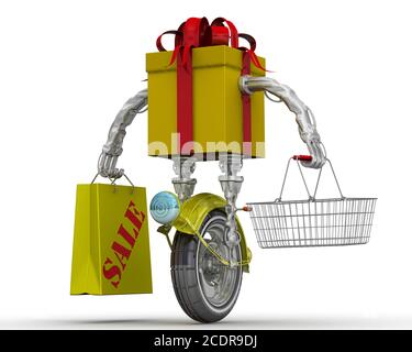 Gelbe Geschenkbox in Form eines Roboters auf einem Rad mit einem Lebensmittelkorb und Einkaufstasche auf der weißen Oberfläche stehend. 3D-Illustration Stockfoto