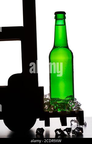 Palettenträger mit gekühlter grüner Bierflasche Stockfoto