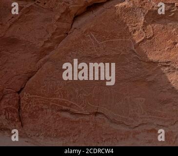 Yerba Buena, Hierbas Buenas Aufschluss in der Atacama, wo Reisende stoppten, trägt eine künstlerische Darstellung der Tiere des präkolumbianischen Volkes. Stockfoto