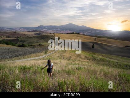Frau auf Weizenfeld in der Nähe von Pienza, Val D'Orcia in der Toskana in Italien Stockfoto