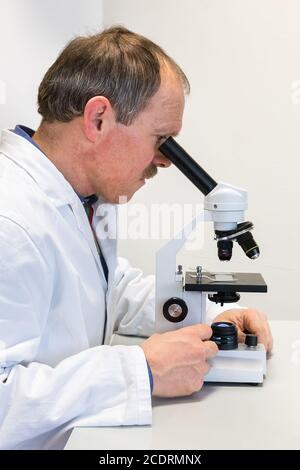 Biologe im Labormantel, der durch das Mikroskop schaut Stockfoto