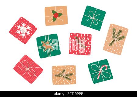 Set von Weihnachtsgeschenken, Draufsicht. Vektorgrafik. Stock Vektor