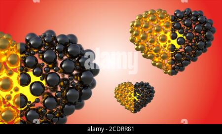 Gold und schwarz Kaviar Herzen aus Kugeln mit Reflexionen isoliert auf hellem Hintergrund. Happy Womans Day 3d-Illustration Stockfoto