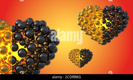 Gold und schwarz Kaviar Herzen aus Kugeln mit Reflexionen isoliert auf hellem Hintergrund. Happy Womans Day 3d-Illustration Stockfoto