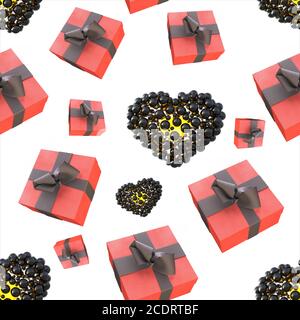 Weihnachten Neujahr bunte rote Geschenkboxen und Herzen mit Schleifen von Bändern fliegen auf weißem Hintergrund. Nahtlose Muster. 3d-Abb. Stockfoto