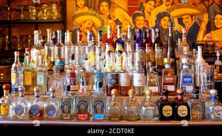 Verschiedene Tequila Flaschen auf dem Display in einer Tequila Bar, Tucson, Arizona, USA Stockfoto