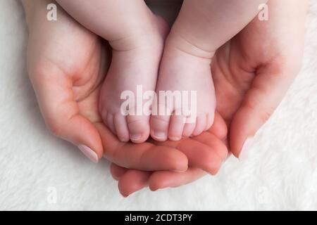 Neugeborenes Baby Füße in Mutter#39;s Hände. Kinderbetreuung, sich sicher fühlen, schützen. Stockfoto