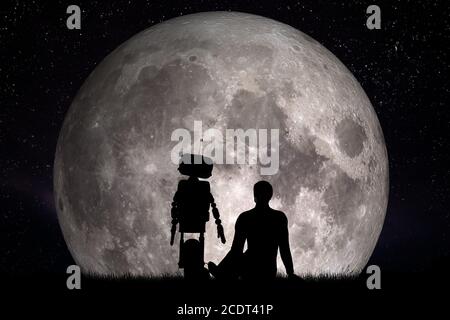 Der Mensch und sein Roboterfreund schauen auf den Mond. Zukunftskonzept, künstliche Intelligenz Stockfoto