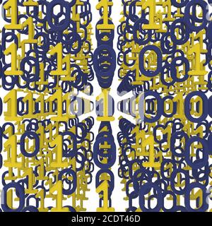 Binärmatrix aus blauen Nullen und gelben Nullen auf weißem Hintergrund zur Darstellung der Komplexität des zufälligen Datenmodells, aber mit einheitlicher Struktur in einer digitalen Welt Stockfoto