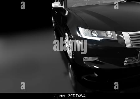Moderne schwarze Metallic-Limousine im Rampenlicht. Generisches Design, brandlos. Stockfoto
