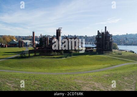 Ehemaliges Ölwerk im Gas Works Park in North Lake, Seattle, Washington, USA Stockfoto