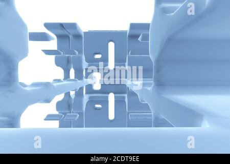 Abstrakt futuristische Tunnel wie Raumschiff Korridor blaues Metall im weißen Raum. 3d-Illustration Stockfoto