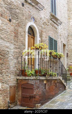 Blumentöpfe und Blumenkästen auf einer Treppe bei a Haus Stockfoto