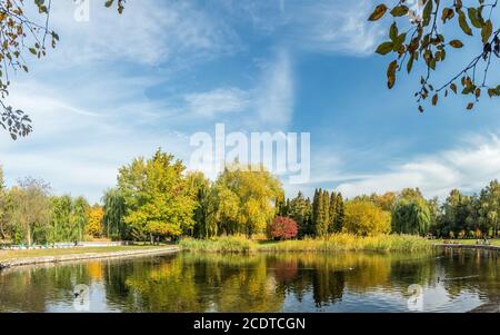 Schöner Teich im Stadtpark bei einem sonnigen Herbst Tag Stockfoto