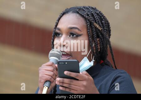 29. August 2020, London, Ontario, Kanada. Black Lives Matter protestieren im Victoria Park. Ghaida Hamdun sagt eine mächtige Speach. Luke Durda/Alamy Stockfoto