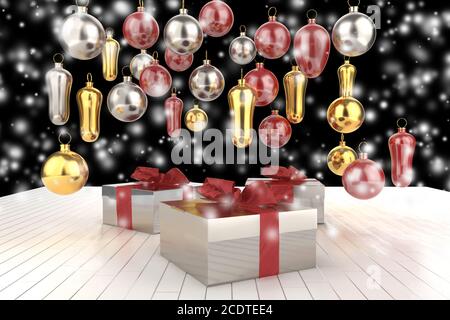 Weihnachten Neujahr Bunte Geschenkboxen mit Schleifen von Bändern und weihnachtsbaum Geschenke auf dem schwarzen Hintergrund. 3d-Illustration Stockfoto