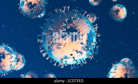 Coronavirus 3d Illustration - Mikrobiologie und Virologie Hintergrund. Covid-19-Partikel Stockfoto