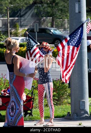 2020 Kalifornien USA: Demonstranten in Santa Clarita halten Schilder, um wieder zur Arbeit zu kommen, eröffnen Schulen und Unternehmen, öffnen Kalifornien. Governor News Stockfoto