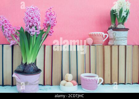 Rosa Hyazinthen, Makronen, Teetassen und weiße Hyazinthen in der Nähe von Bücherstapel auf rosa Hintergrund. Schöne Frühling rosa Hintergrund. Stockfoto