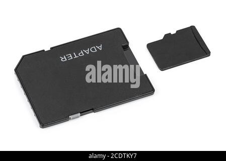 MicroSD-Speicherkarte mit Adapter auf weißem Hintergrund mit isoliert Beschneidungspfad Stockfoto