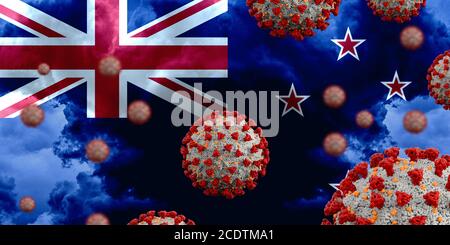 Coronavirus Covid-19 mit Flagge von Neuseeland, extrem detailreiches 3d Rendering Stockfoto