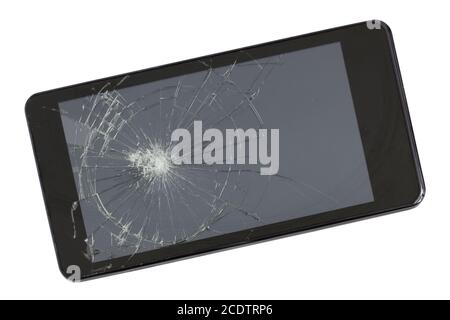 Ein kaputter Bildschirm des modernen schwarzen Telefons. Dieses Gerät wurde von einer pneumatischen Pistole abgewischt. Stockfoto