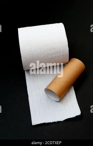 Einzelne Rolle von ungewalztem weißen Toilettenpapier und Papier Kernrohr. Isoliert auf schwarzem Hintergrund. Nahaufnahme. Vertikale Aufnahme. Stockfoto