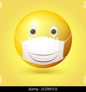 Emoji-Emoticon mit medizinischer Maske im Gesicht. Lächelnder Mund auf einer Maske gemalt. Vektor-3d-Illustration auf gelbem Hintergrund isoliert Stock Vektor