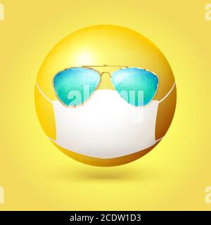 Emoji-Emoticon mit medizinischer Maske und Sonnenbrille im Gesicht. Vektor-3d-Illustration auf gelbem Hintergrund isoliert Stock Vektor