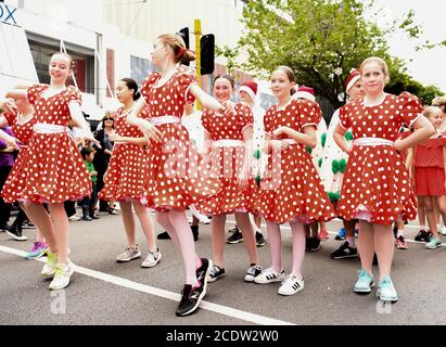 Wellington, Neuseeland. November 2018. Mädchen in Kostümen nehmen an der alljährlichen Very Welly Christmas Parade Teil, die am 24. November 2018 am Lambton Quay in Wellington, Neuseeland, stattfindet. Wellington wurde im Reiseführer Lonely Planet als bestes Reiseziel Neuseelands ausgezeichnet, wobei die Stadt als "eine der coolsten kleinen Hauptstädte der Welt" bezeichnet wird. Kredit: Guo Lei/Xinhua/Alamy Live Nachrichten Stockfoto