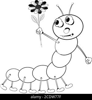 Lustige Cartoon Raupe hält eine schöne Blume in der Hand und lächelt. Schwarz-Weiß-Färbung. Stock Vektor