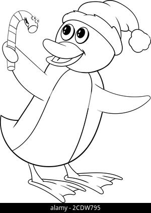 Pinguin in einem Weihnachtshut hält eine Süßigkeit in der Hand. Lustige Färbung im Stil von Comics Stock Vektor