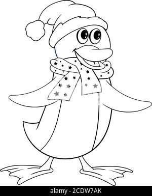 Pinguin in einem Schal und einem Weihnachtshut. Lustige Färbung im Stil von Comics Stock Vektor