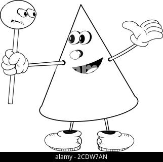 Ein lustiger Kegel hält in der Hand eine Süßigkeit auf einem Stock und lächelt. Lustige Färbung im Stil von Comics Stock Vektor
