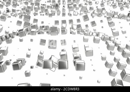 Silber oder Weißgold Platin Blöcke Würfel auf weißem Hintergrund. Modellierung 3d-Illustration. Reichtum reich Bergbau Bitcoin Konzept. Stockfoto