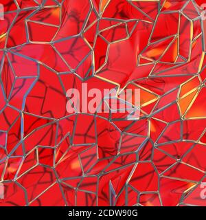 Abstrakte 3D-Rendering von chaotischen rote Glasfenster Landschaftsstruktur mit goldenem Rahmen. Futuristische Textur Hintergrund Stockfoto