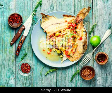 Flunder oder flacher Fisch mit Gemüse gebacken.Gebratener Fisch auf Holztisch.lecker gebackenen ganzen Fisch Stockfoto